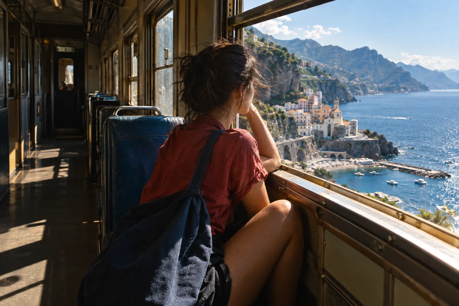 A traveler watching the sunlit coast through an open train window — an original campaign image