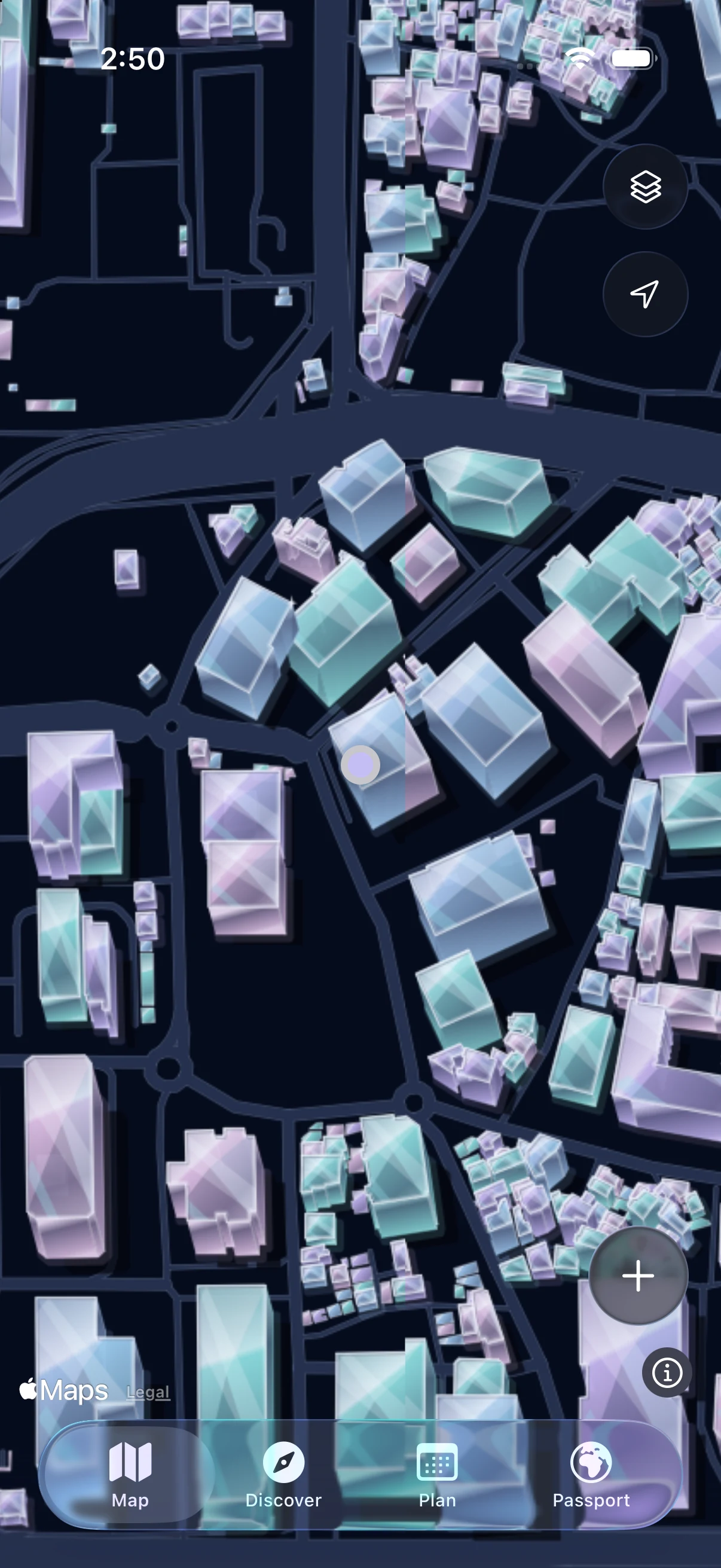 Actual Nowhop app: custom buildings and roads, with four glass navigation tabs